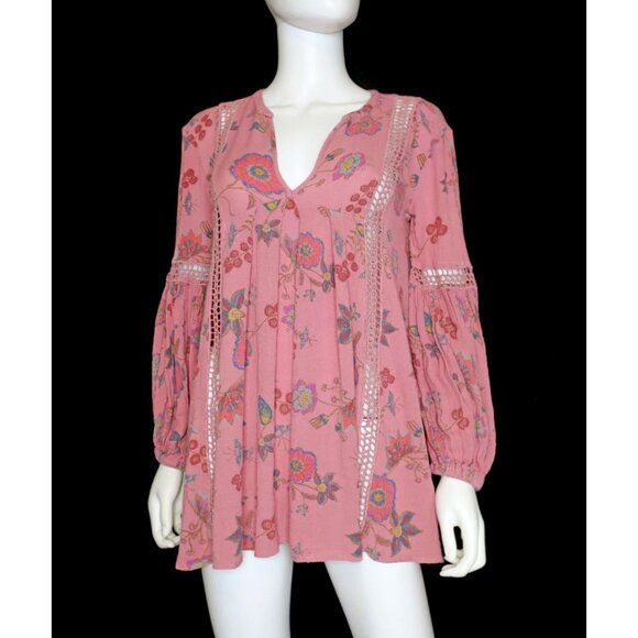 Free People Just the Two of Us Tunic Mauve Pink Floral Boho Oversized Top Small - Picture 2 of 6